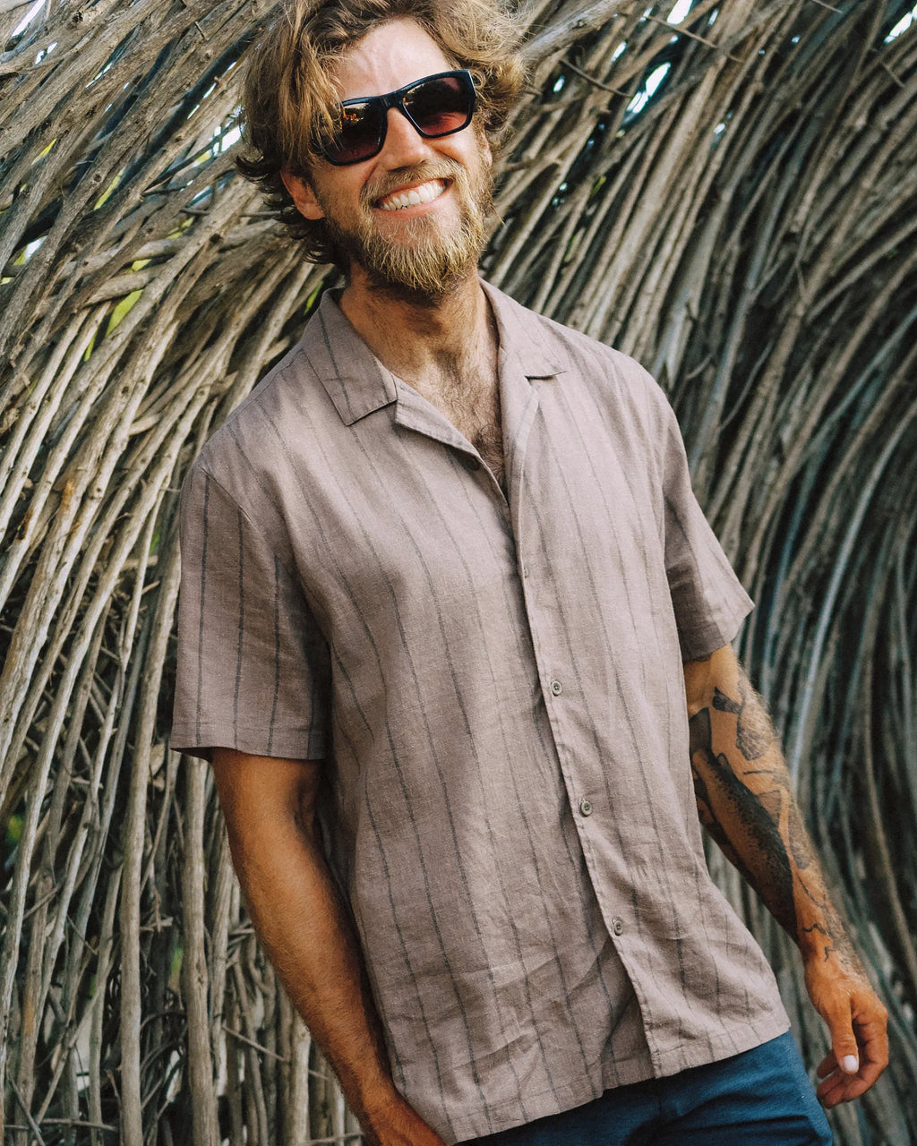 Men's Sullivan's Camp Shirt - Dash Vertical Stripe Fossil