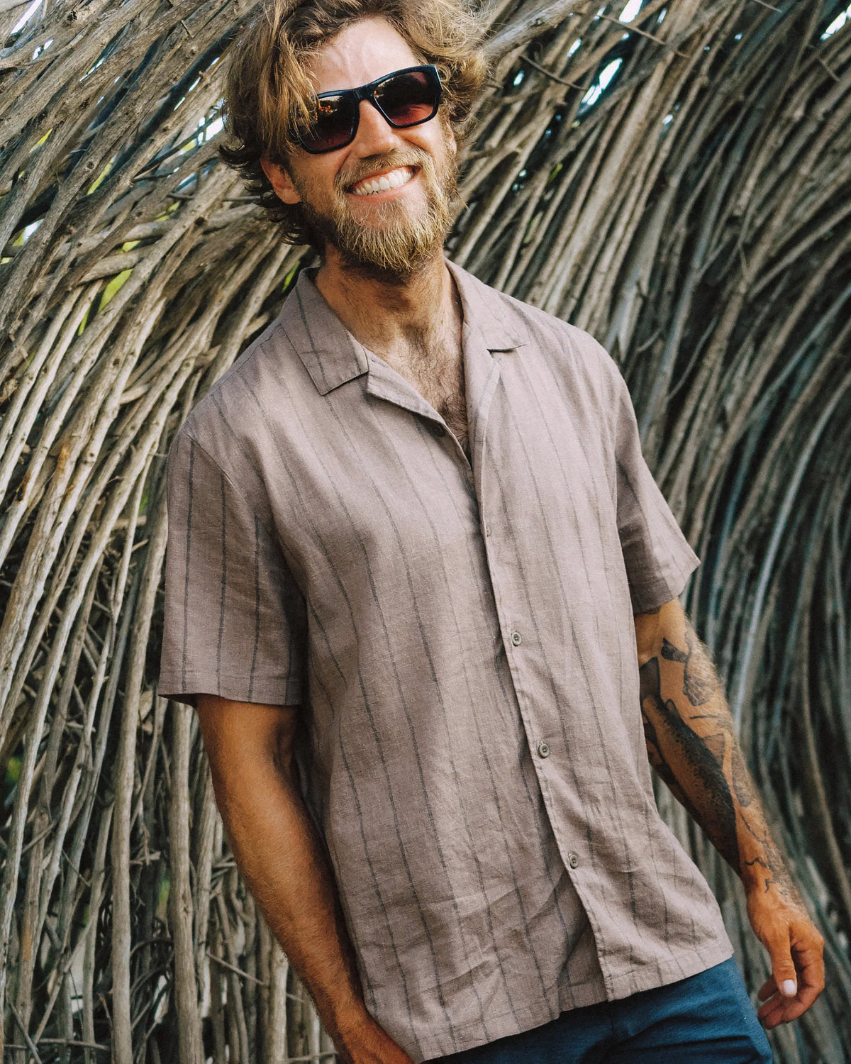 Men's Sullivan's Camp Shirt - Dash Vertical Stripe Fossil